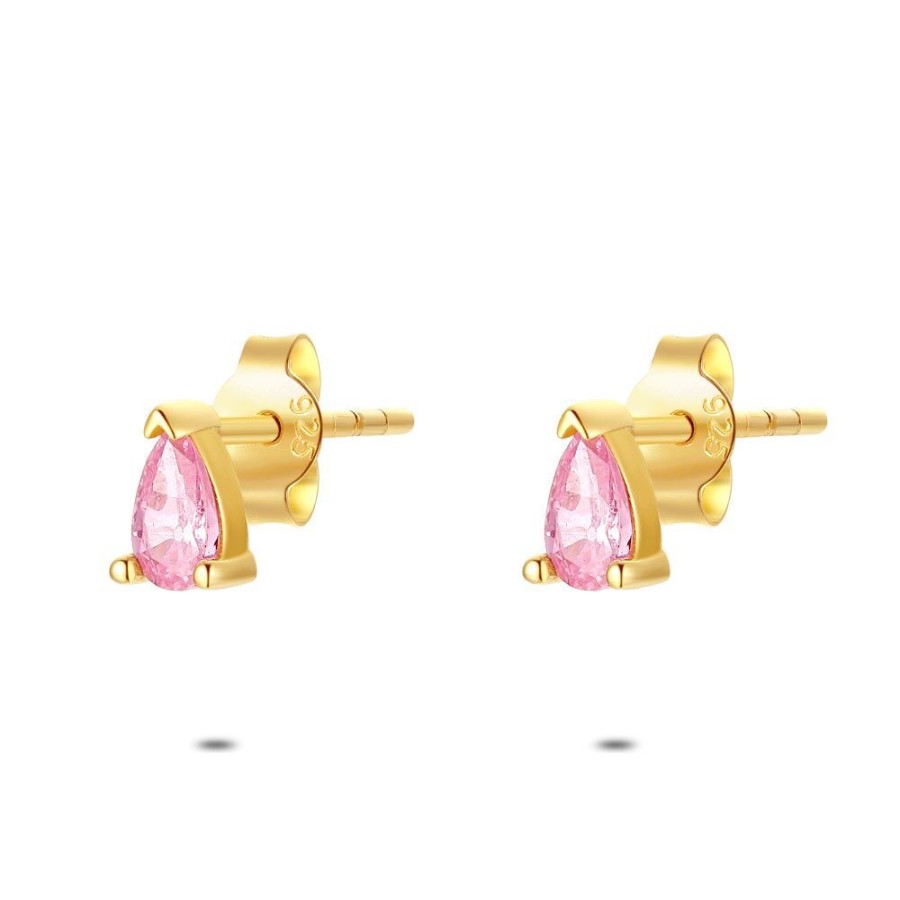 Women Twice As Nice | 18Ct Gold Plated Silver Earrings, Drop, Pink Zirconia