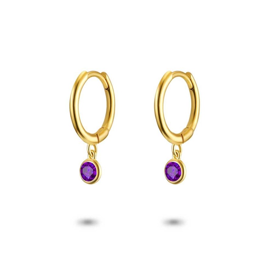 Women Twice As Nice | 18Ct Gold Plated Silver Earrings, Hoop, Hanging Purple Zirconia, Round