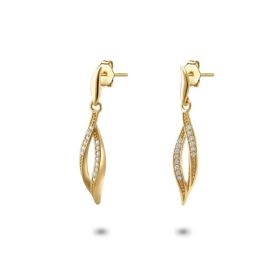 Women Twice As Nice | 18Ct Gold Plated Silver Earrings, Open Blad Met Zirkonia