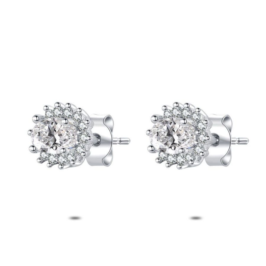 Women Twice As Nice | Silver Earrings, Oval Flower, White Zirconia