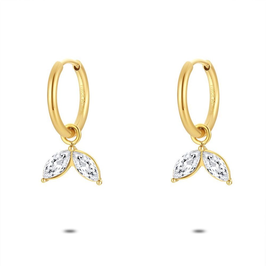 Women Twice As Nice | Gold-Coloured Stainless Steel Ring, Hoops, 2 White Petals