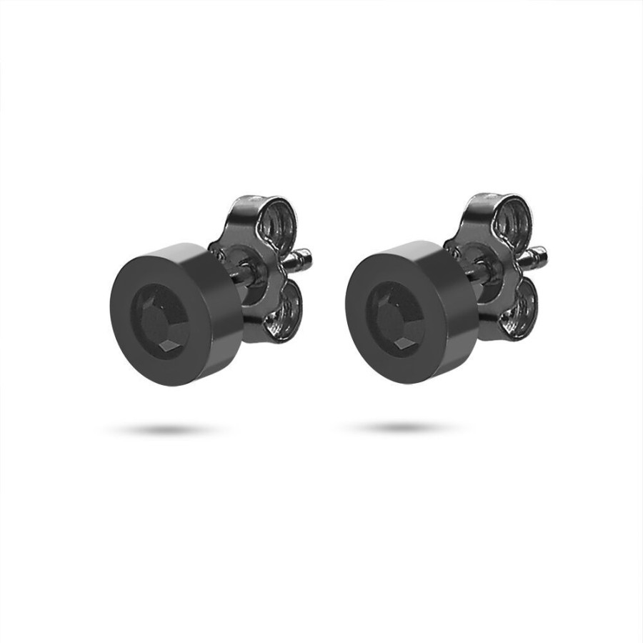 Women Twice As Nice | Black Stainless Steel Earrings, Round With 1 Black Crystal Of 7 Mm