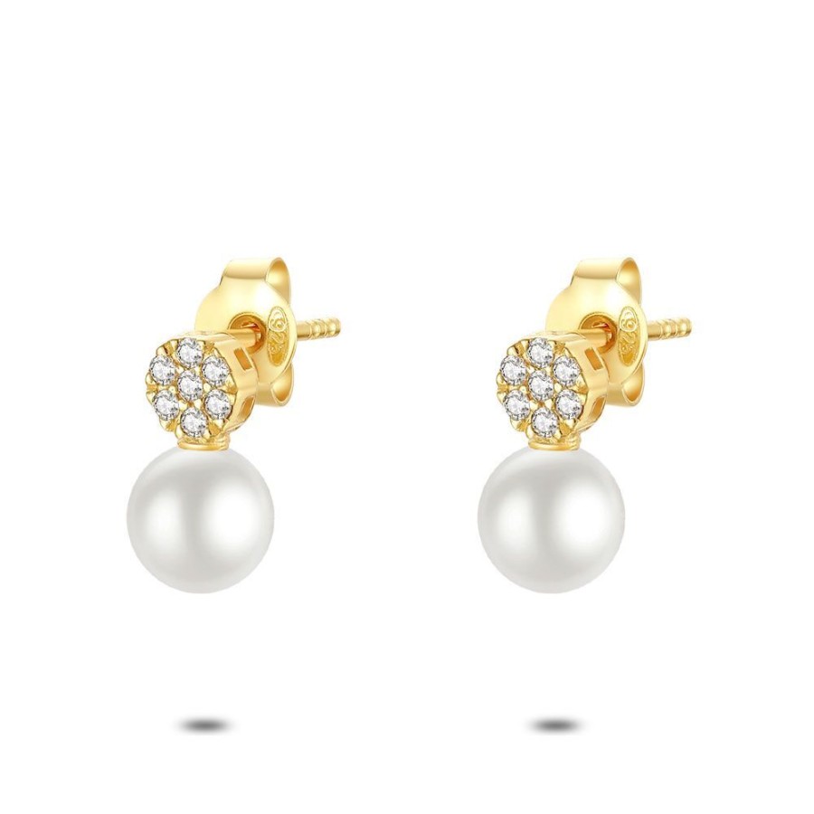 Women Twice As Nice | 18Ct Gold Plated Silver Earrings, Flower With Zirconia, Pearl