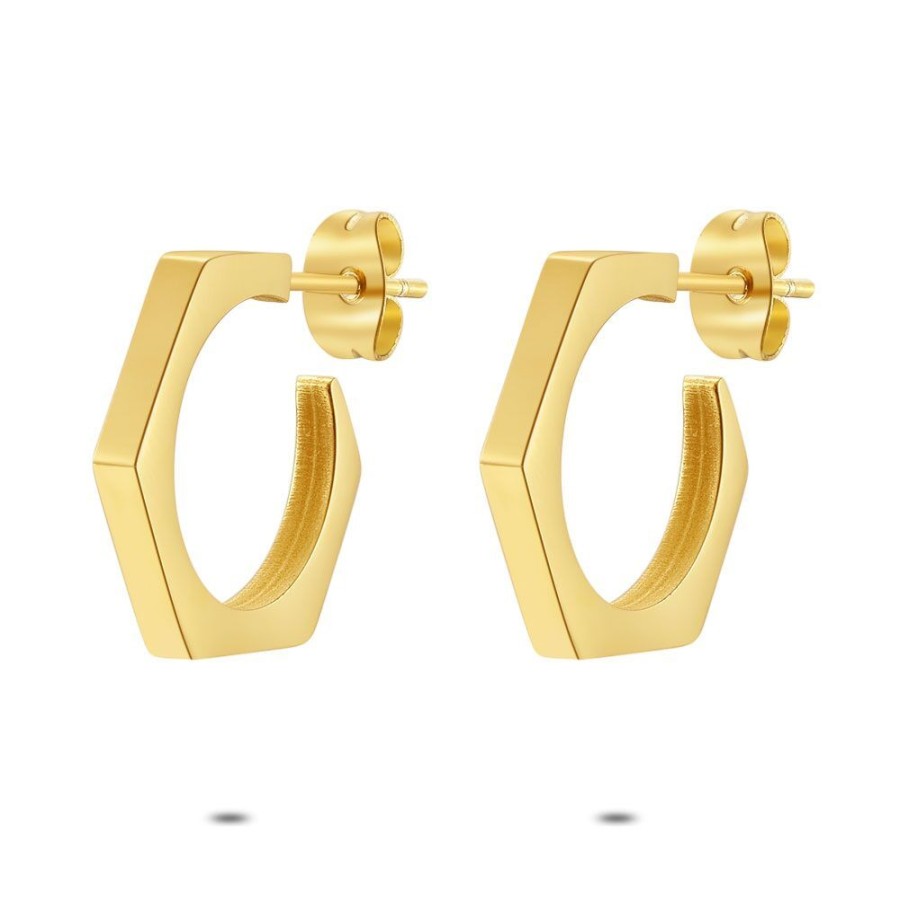 Women Twice As Nice | Gold Coloured Stainless Steel Earrings, Open Earring, Pentagon, 15 Mm