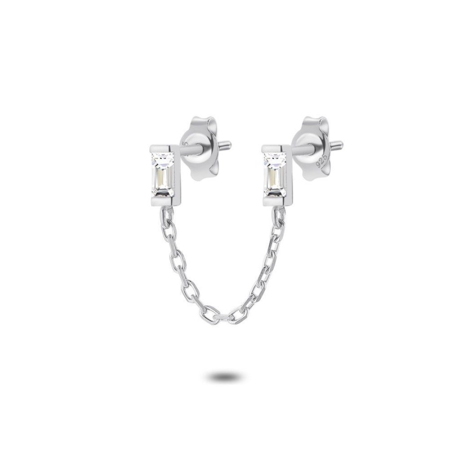 Women Twice As Nice | Earring In Silver By Piece, Rectangular Zirconia, Chain