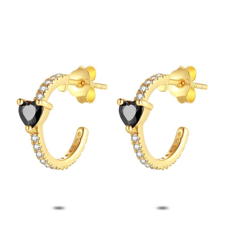 Women Twice As Nice | Silver Earrings, Gold Tone, Open Hoops With Black Heart-Shaped Zirconia, 13Mm.