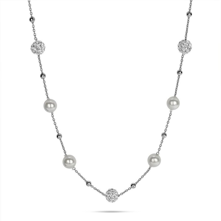 Women Twice As Nice | Silver Necklace, Balls Inlaid With White Crystals, Pearls