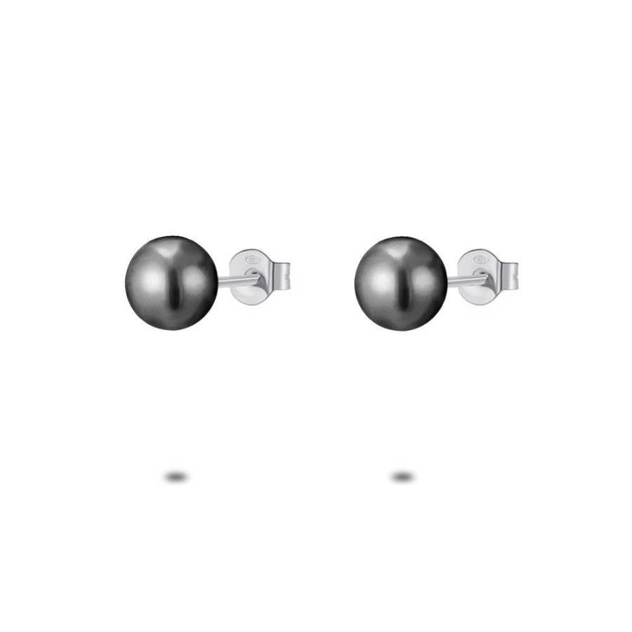 Women Twice As Nice | Silver Earrings, Grey Pearl, 8 Mm