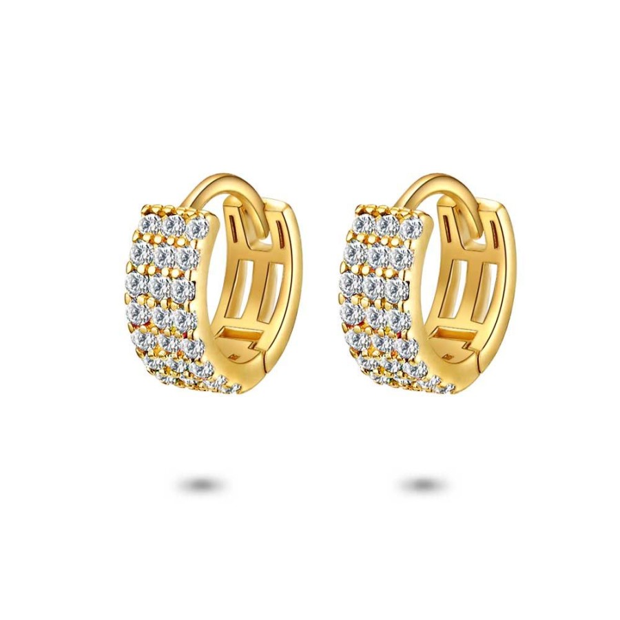 Women Twice As Nice | 18Ct Gold Plated Silver Earrings, Hoop, 3 Rows Of White Zirconia