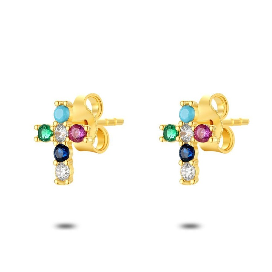 Women Twice As Nice | 18Ct Gold Plated Silver Earrings, Cross With 6 Multi-Colored Zirconias