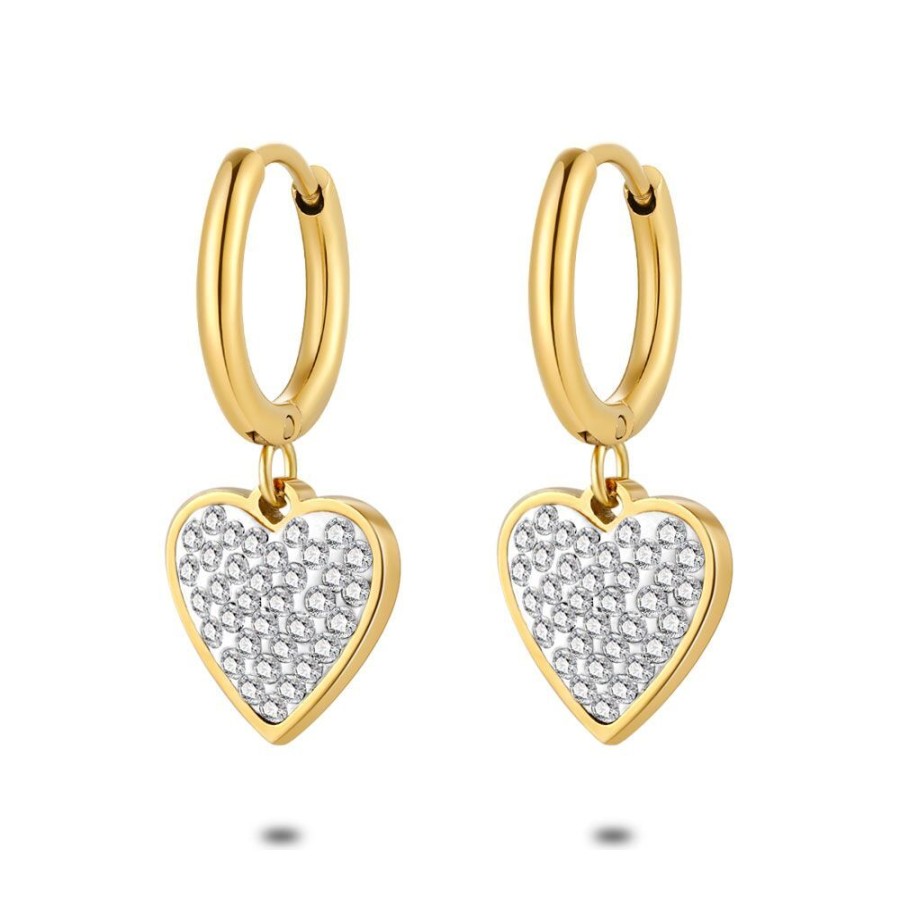 Women Twice As Nice | Gold Coloured Stainless Steel Earrings, Hoop, Heart, Crystals