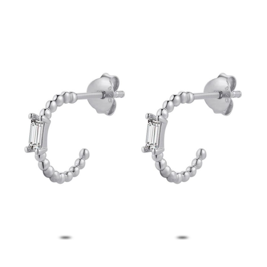 Women Twice As Nice | Silver Earrings, Half Open Hoop, Dots, 1 Rectangular Zirconia