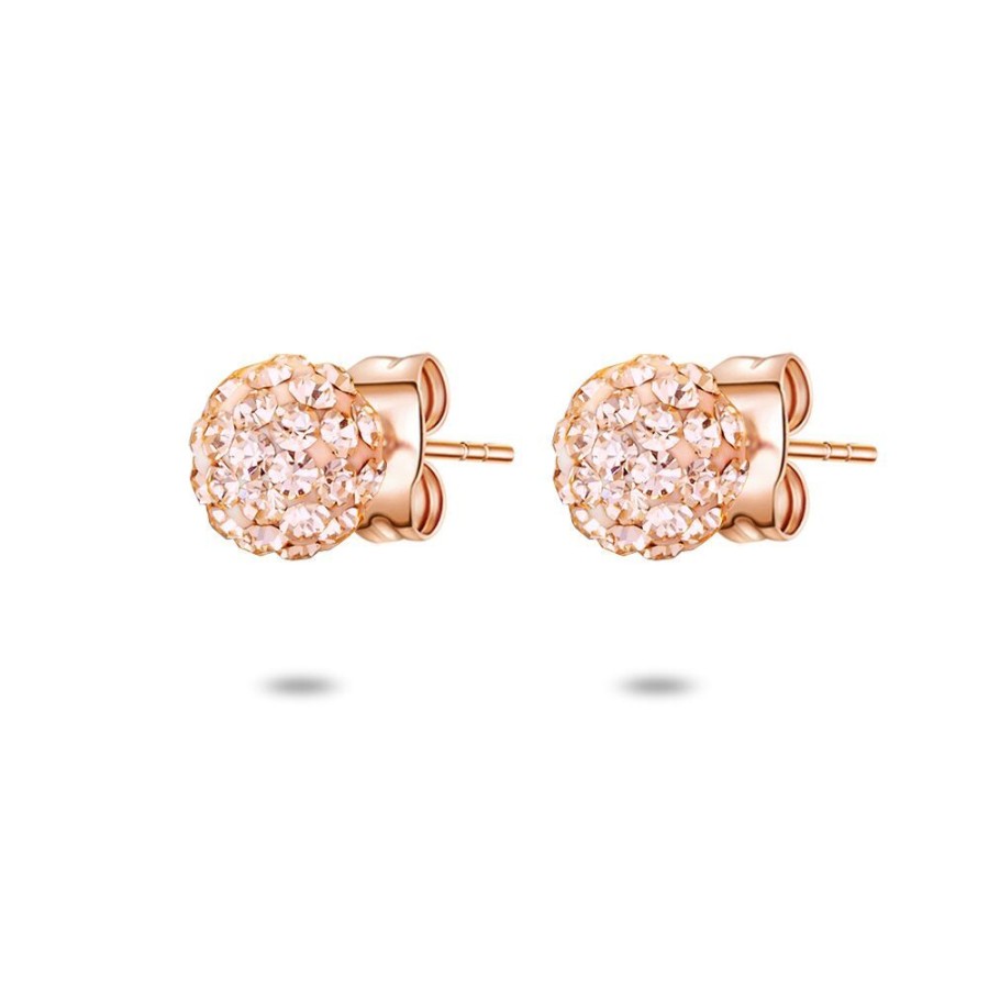 Women Twice As Nice | Silver Earrings, Round Stud With Peach Coloured Crystals