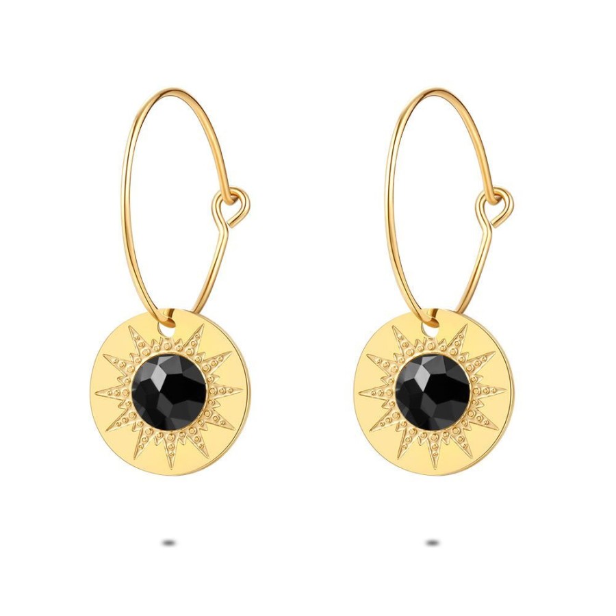 Women Twice As Nice | Gold Coloured Stainless Steel Earrings, Hoops, Round Pendant With Sun Motif And Black Natural Stone