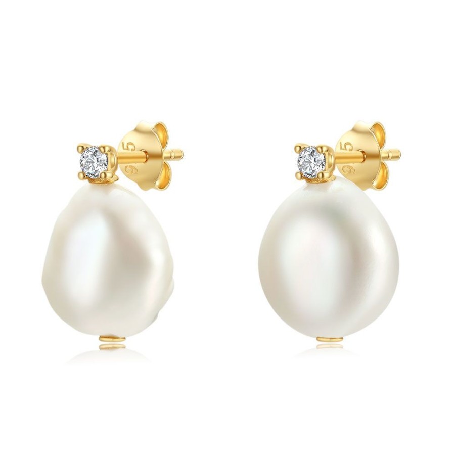 Women Twice As Nice | 18Ct Gold Plated Silver Earrings, 1 Small Zirconia, 1 Big Pearl