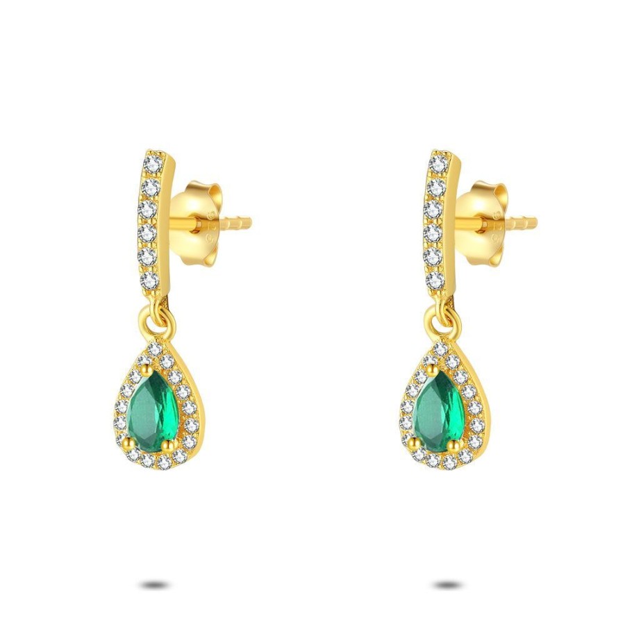 Women Twice As Nice | 18Ct Gold Plated Silver Earrings, Bar With White Zirconia, Drop With 1 Green Zirconia