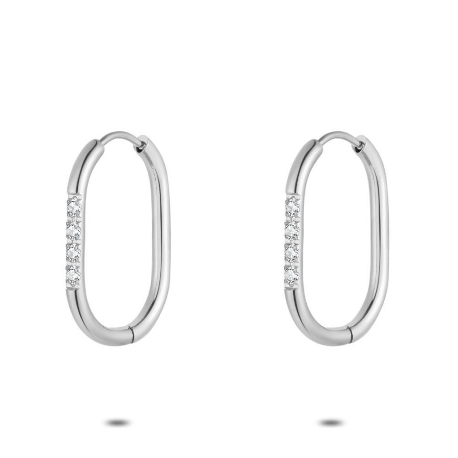 Women Twice As Nice | Stainless Steel Earrings, Oval Hoop Earring, Stones