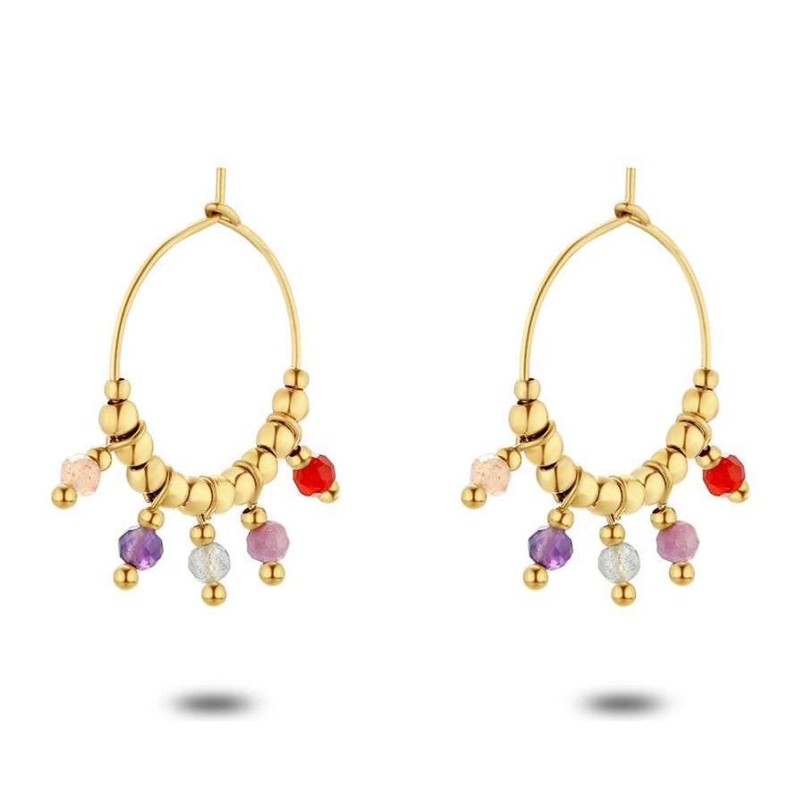 Women Twice As Nice | Gold Coloured Stainless Steel Earrings, Multi Coloured Stones, Red, Pink, Purple