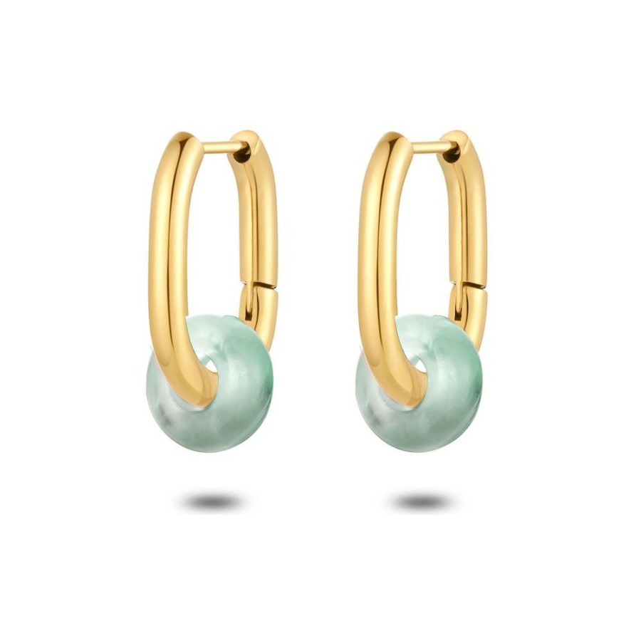 Women Twice As Nice | Gold Coloured Stainless Steel Earrings, Oval Hoops, Labradorite Stone