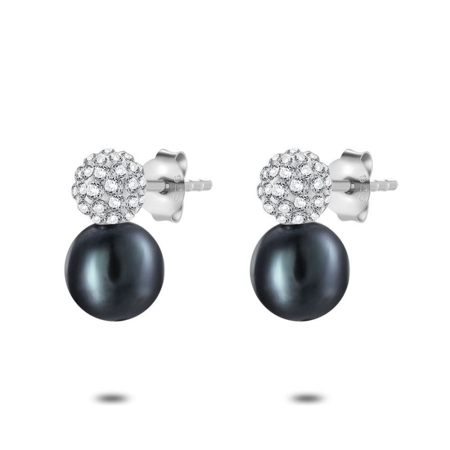 Women Twice As Nice | Silver Earrings, Sphere With White Zirconia + Gray Pearl