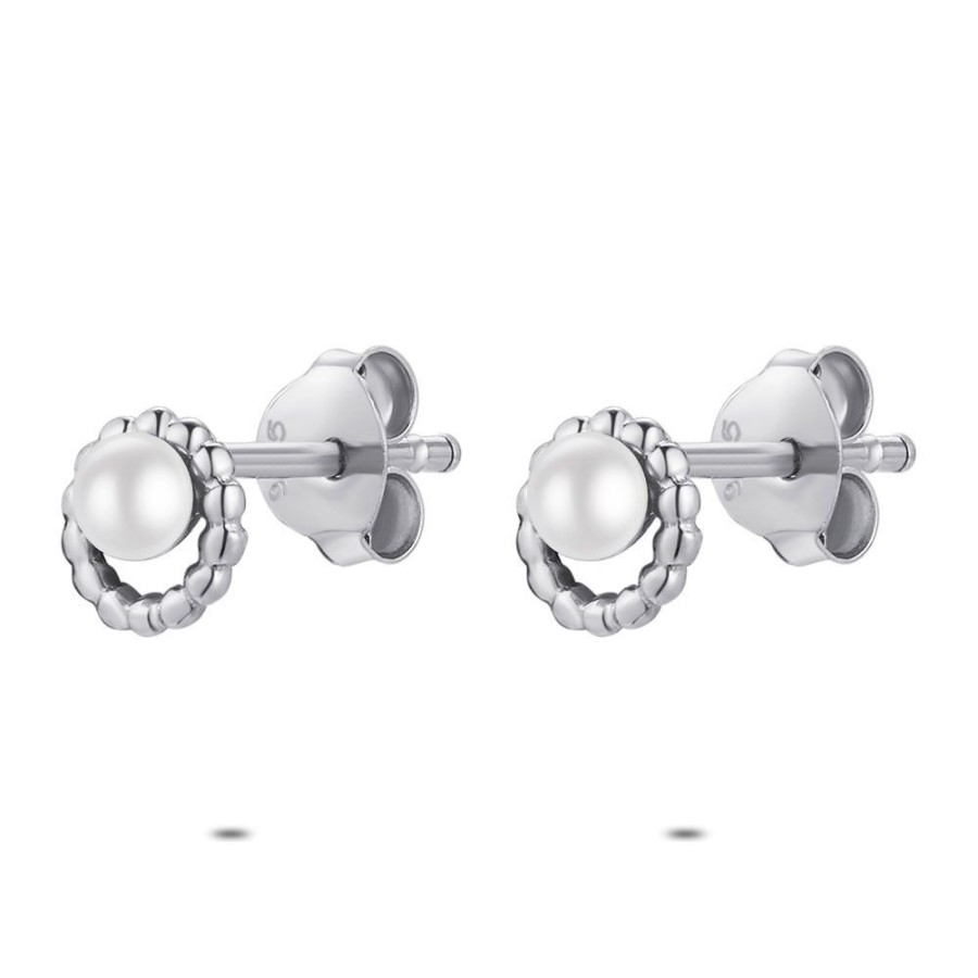 Women Twice As Nice | Silver Earrings, Pearl In Hammerd Circle