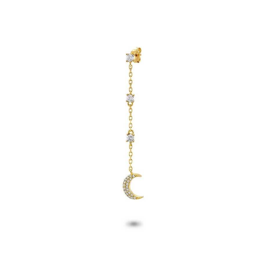 Women Twice As Nice | 18Ct Gold Plated Silver Earring, Per Piece, 3 Zirconia And Moon On Chain