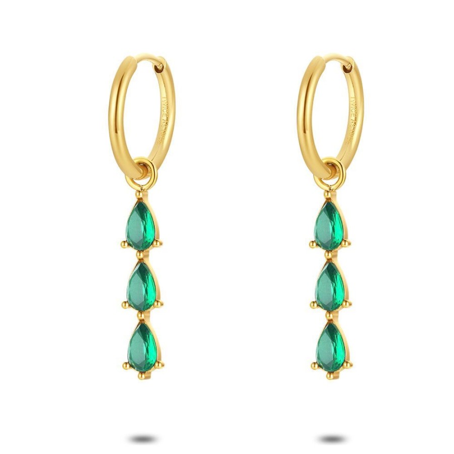 Women Twice As Nice | Gold Coloured Stainless Steel Earrings, Hoop With 3 Drop-Shaped Green Zirconia Stones