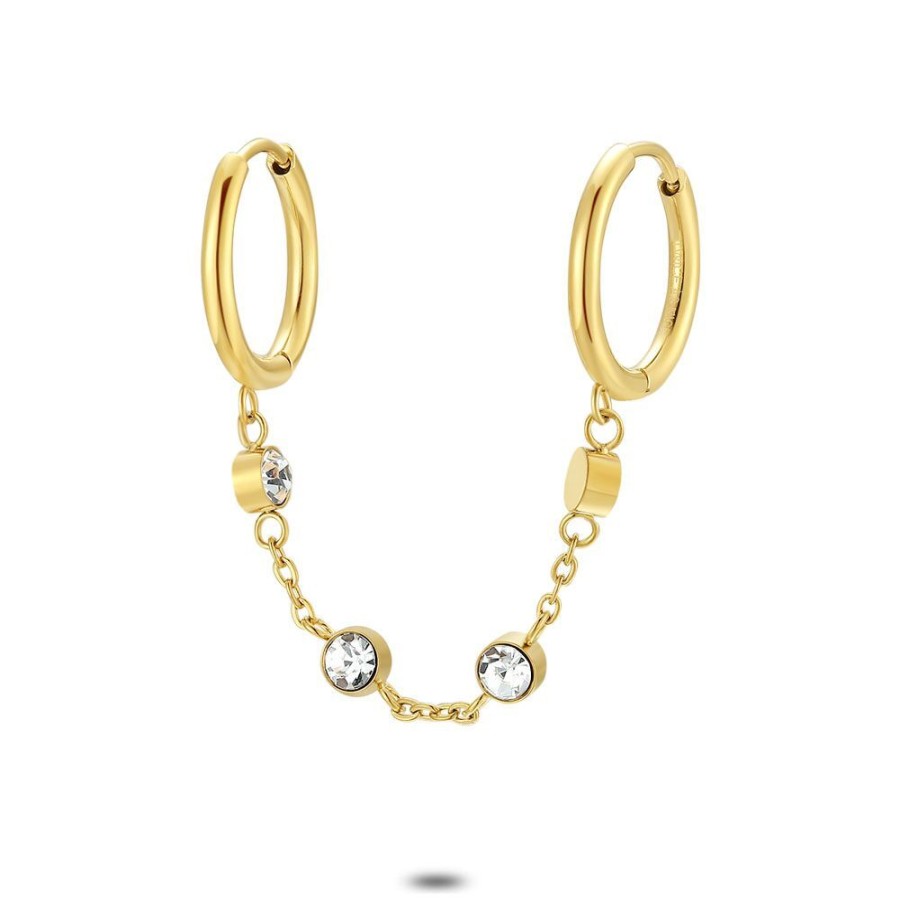 Women Twice As Nice | Earring Per Piece In Gold-Coloured Stainless Steel, 2 Earrings With Chain, 4 White Crystals