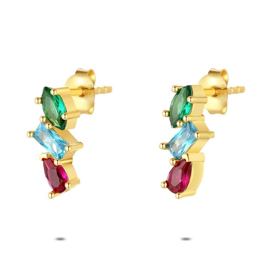 Women Twice As Nice | 18Ct Gold Plated Silver Earrings, Green, Blue And Pink Zirconia