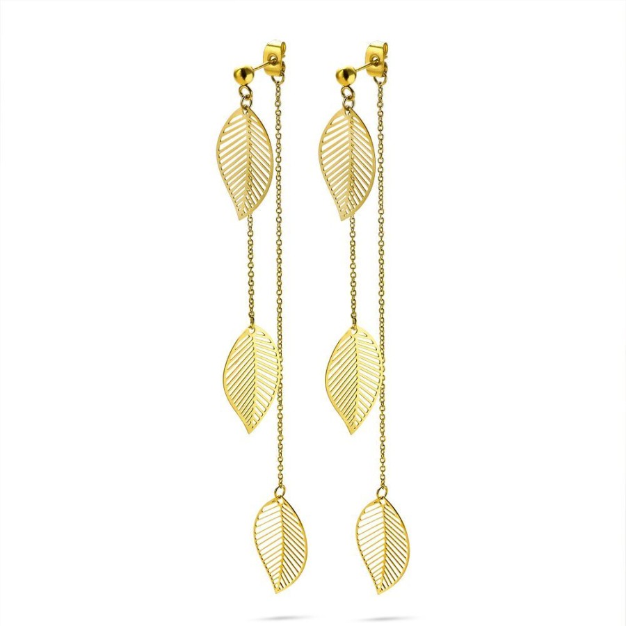 Women Twice As Nice | Gold-Coloured Stainless Steel Earrings, 2 Chains, 3 Open Leaves