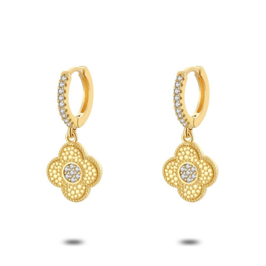 Women Twice As Nice | 18Ct Gold Plated Silver Earrings, Hoop, Flower, Zirconia