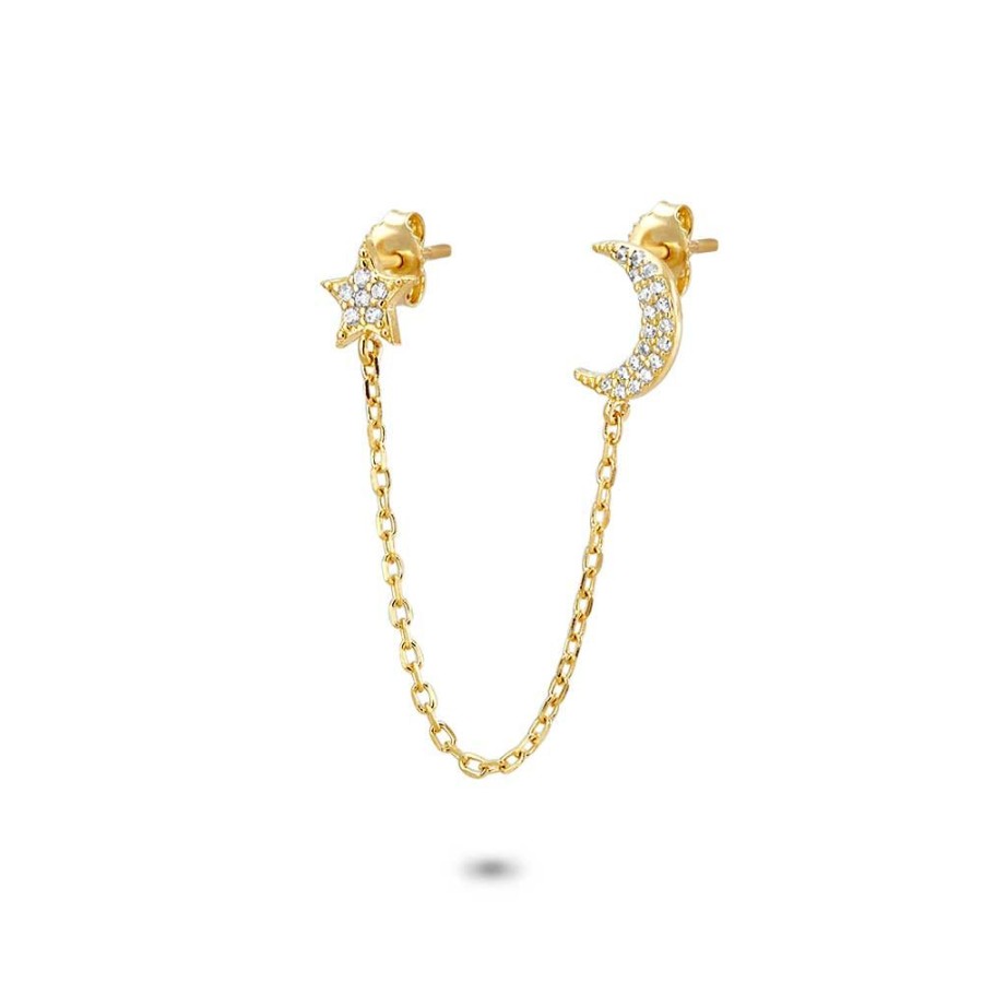 Women Twice As Nice | 18Ct Gold Plated Silver Earring, Per Piece, Maan En Star In Zirconia, Chain