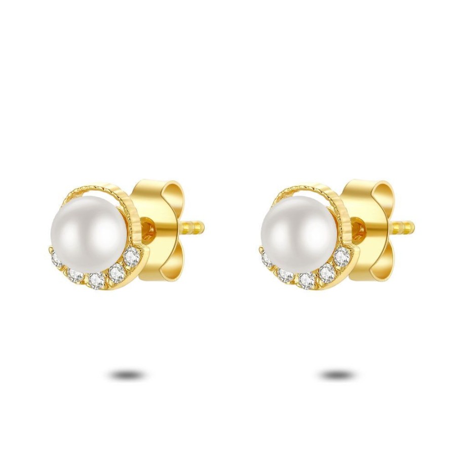 Women Twice As Nice | 18Ct Gold Plated Silver Earrings, Small Pearls And Zirconia