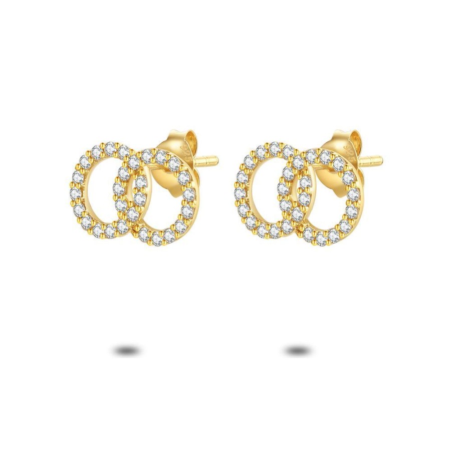 Women Twice As Nice | 18Ct Gold Plated Silver Earrings, Two Open Circles, Zirconia