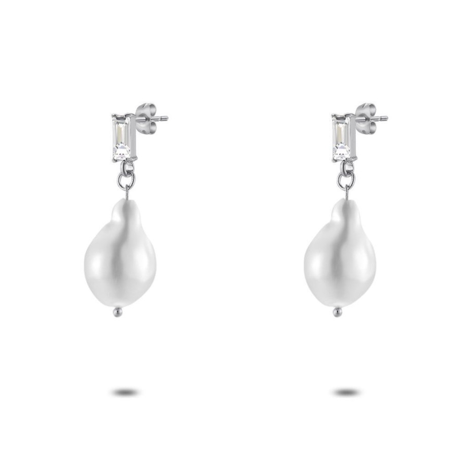 Women Twice As Nice | Stainless Steel Earrings, Pearl Drop, Rectangular White Zirconia