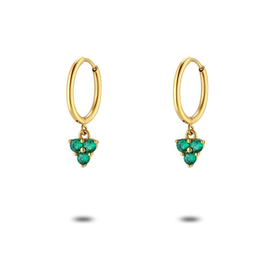 Women Twice As Nice | Gold Coloured Stainless Steel Earrings, Hoop With 3 Green Zirconia