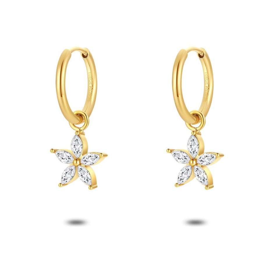 Women Twice As Nice | Gold Coloured Stainless Steel Earrings, Hoop With Flower And 5 White Zirconia