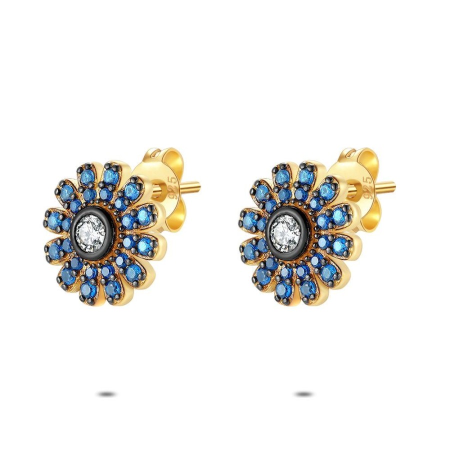 Women Twice As Nice | Earrings In 18Ct Plaque Gold, Flower, Blue And White