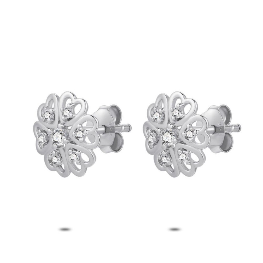 Women Twice As Nice | Silver Earrings, Flower, Heart, Zirconia