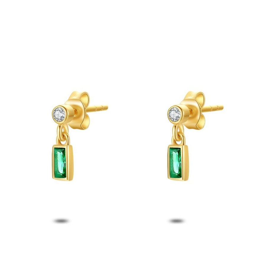 Women Twice As Nice | 18Ct Gold Plated Silver Earrings, Rectangle In Green Zirconia, 1 Round Zirconia