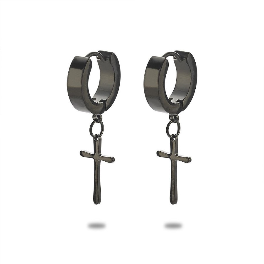 Women Twice As Nice | Stainless Steel Earrings, Hoop Earrings With Cross, Black