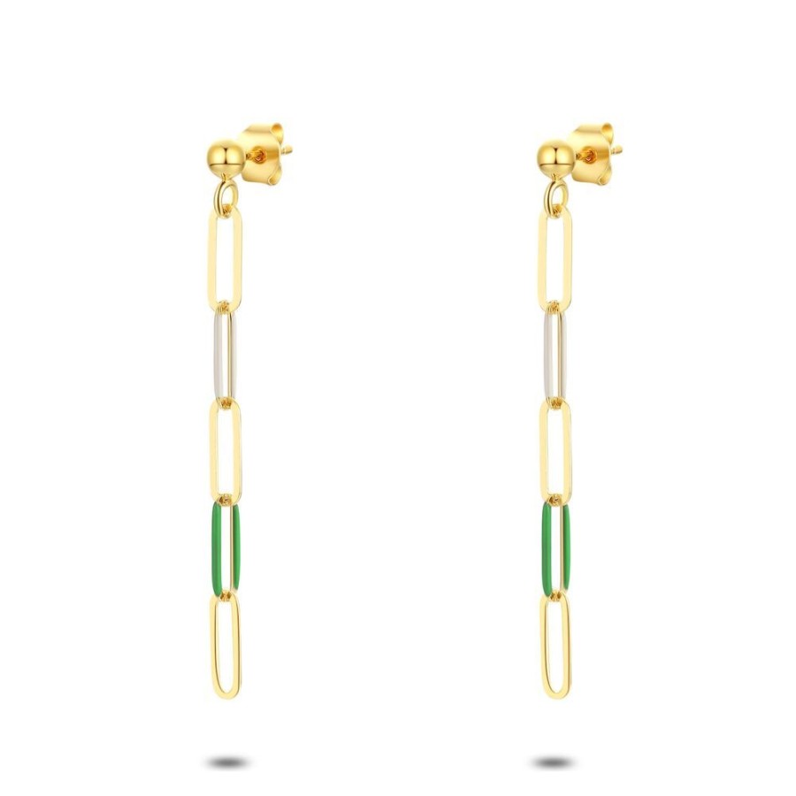 Women Twice As Nice | 18Ct Gold Plated Silver Earrings, Beige And Green Enamel