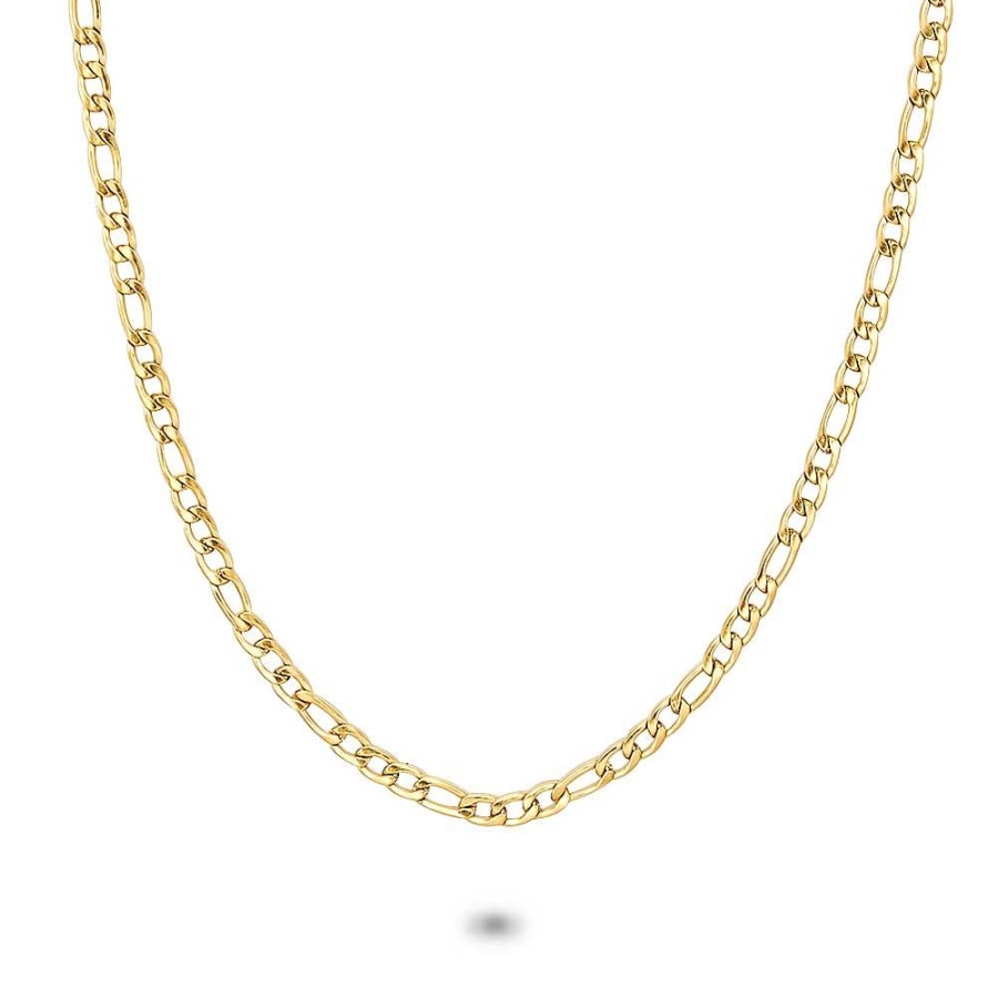 Women Twice As Nice | Gold Coloured Stainless Steel Necklace, Figaro Chain 3 Mm