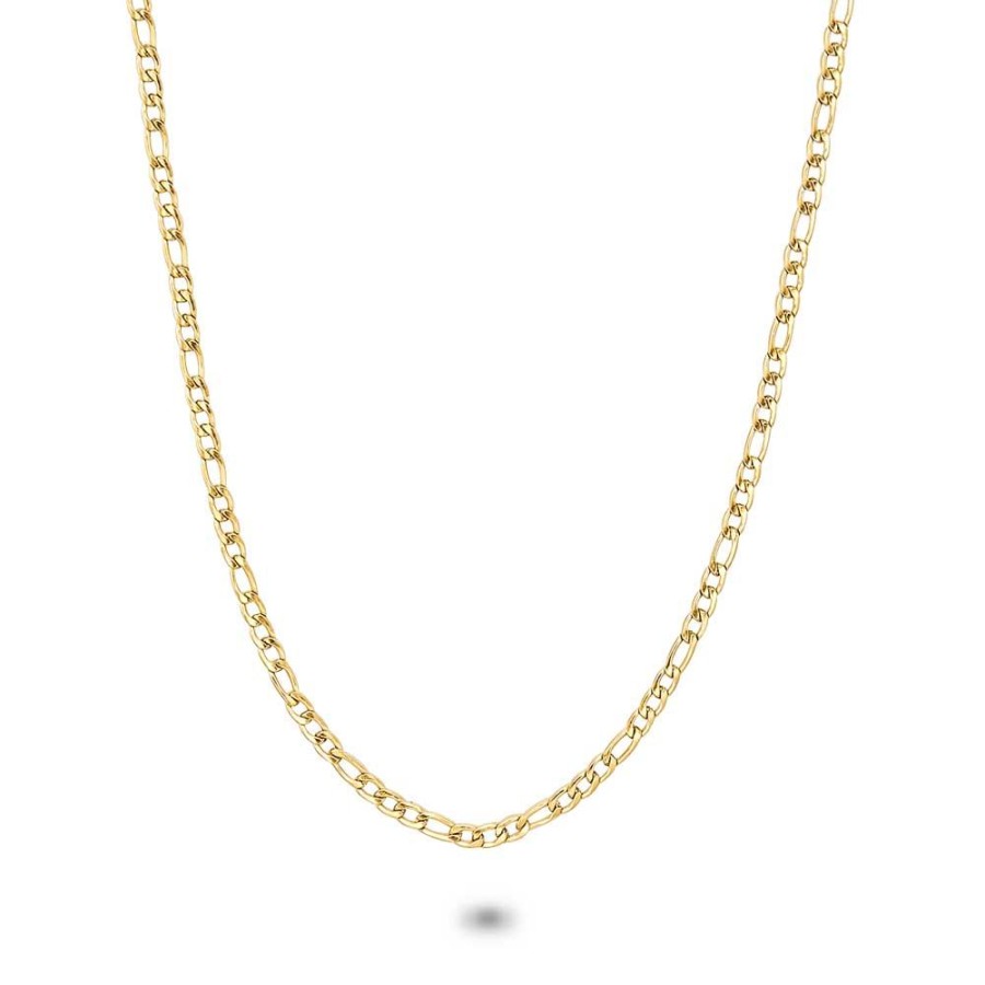 Women Twice As Nice | Gold Coloured Stainless Steel Necklace, Figaro Chain 3 Mm