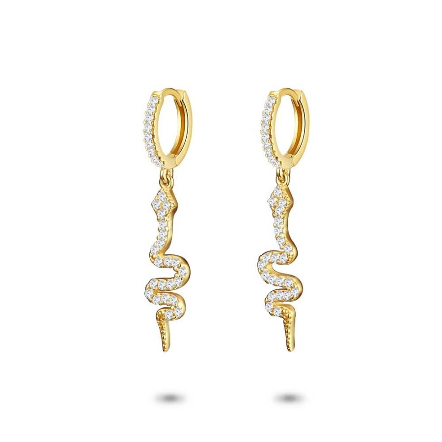 Women Twice As Nice | 18Ct Gold Plated Silver Earrings, Hoop, Dangling Snake, White Zirconia