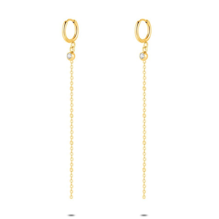 Women Twice As Nice | Gold Coloured Stainless Steel Earrings, Hoops, Cristal, Chain