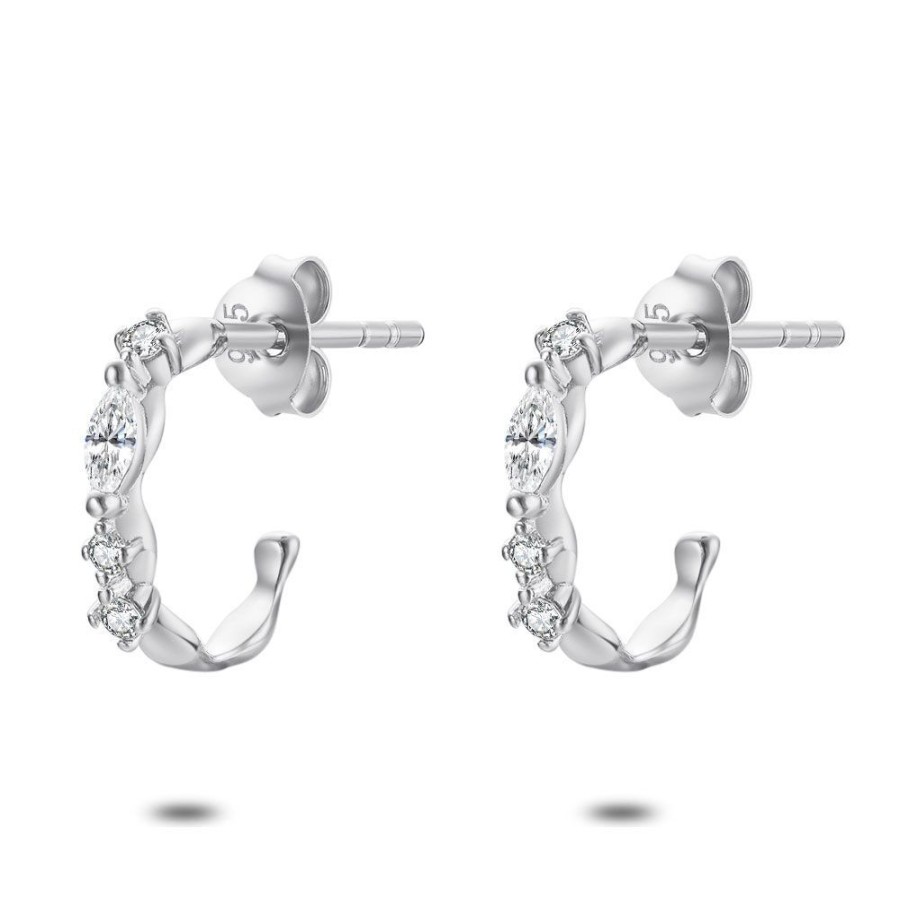 Women Twice As Nice | Silver Earrings, Open Hoops, 4 White Zirconia