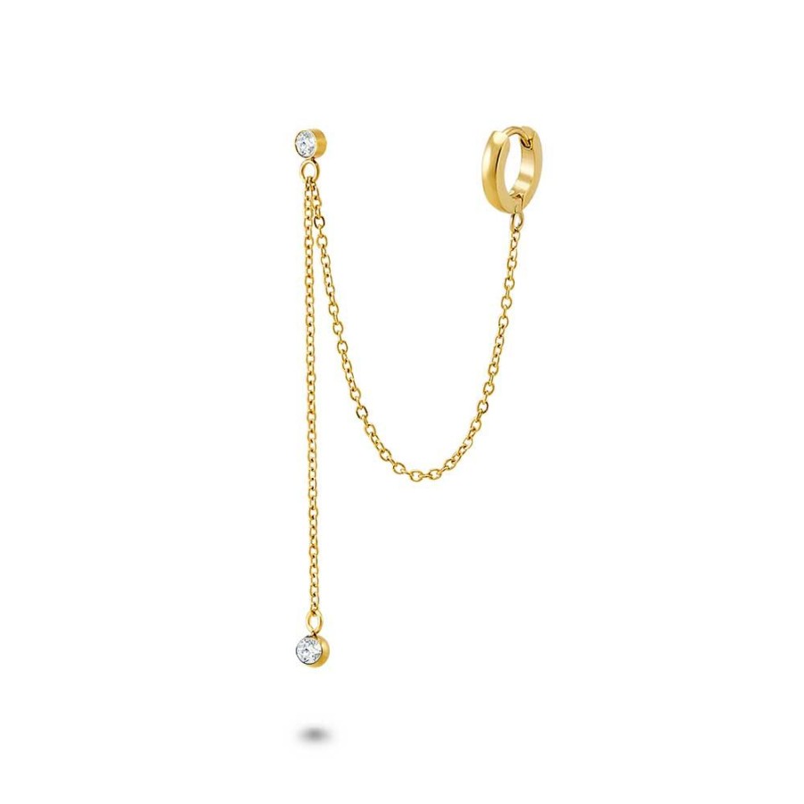 Women Twice As Nice | Gold Coloured Stainless Steel Earrings, Hoop, 2 Crystals On Chain