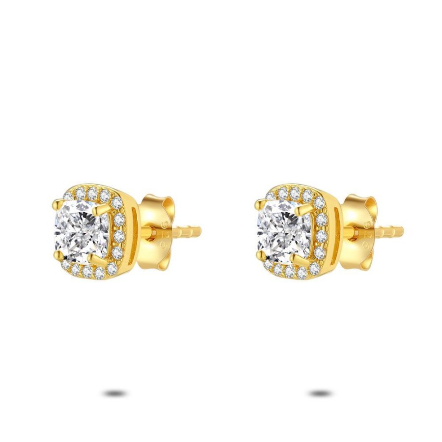 Women Twice As Nice | 18Ct Gold Plated Silver Earrings, Square Zirconia Surrounded By Zirconia