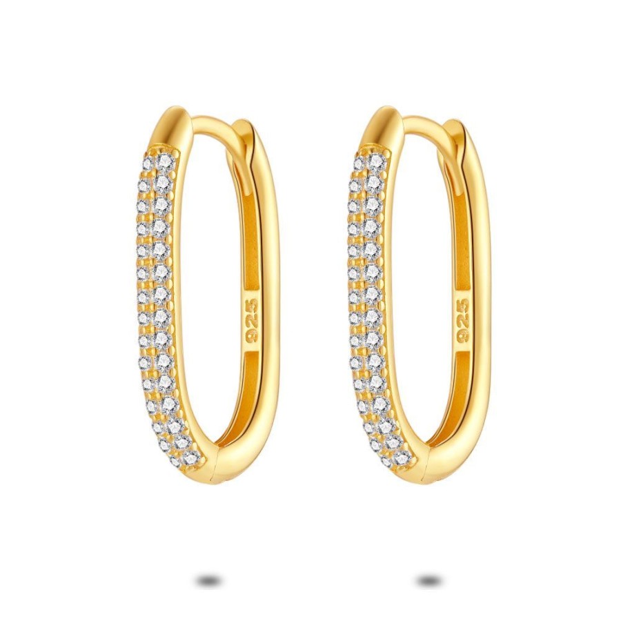 Women Twice As Nice | 18Ct Gold Plated Silver Oval-Shaped Hoop Earrings, Zirconia